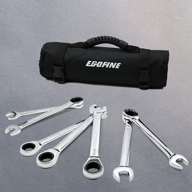 Egofine 18pc Metric Wrench Set, 6 mm - 24 mm Chrome Vanadium Steel Ratcheting Wrench Set with a Roll Up Storage Bag - Image 5