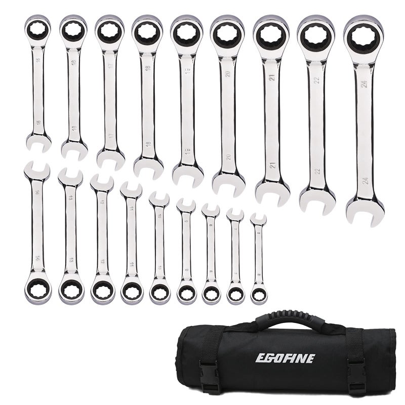 Egofine 18pc Metric Wrench Set, 6 mm - 24 mm Chrome Vanadium Steel Ratcheting Wrench Set with a Roll Up Storage Bag - Image 1