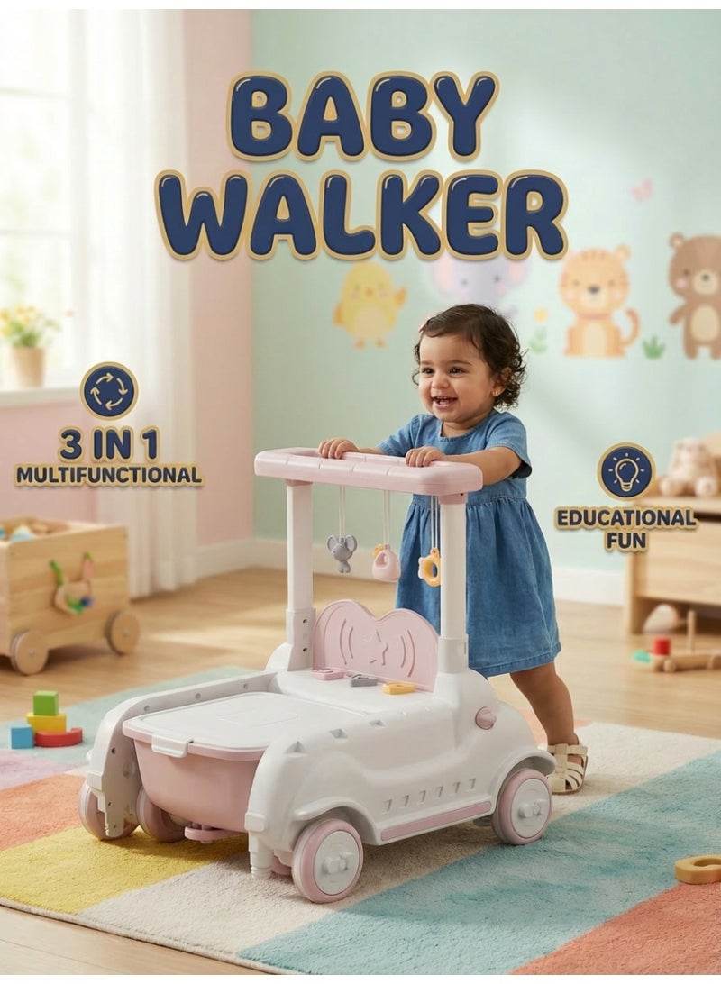 أم أكثر مشاية اطفال 3 في 1 للبنات لتعليم المشي - مشايه و دراجة ركوب مع موسيقى واضواء، سرعة وارتفاع قابل للتعديل، صندوق تخزين - هدية مثالية (وردي) - Image 1