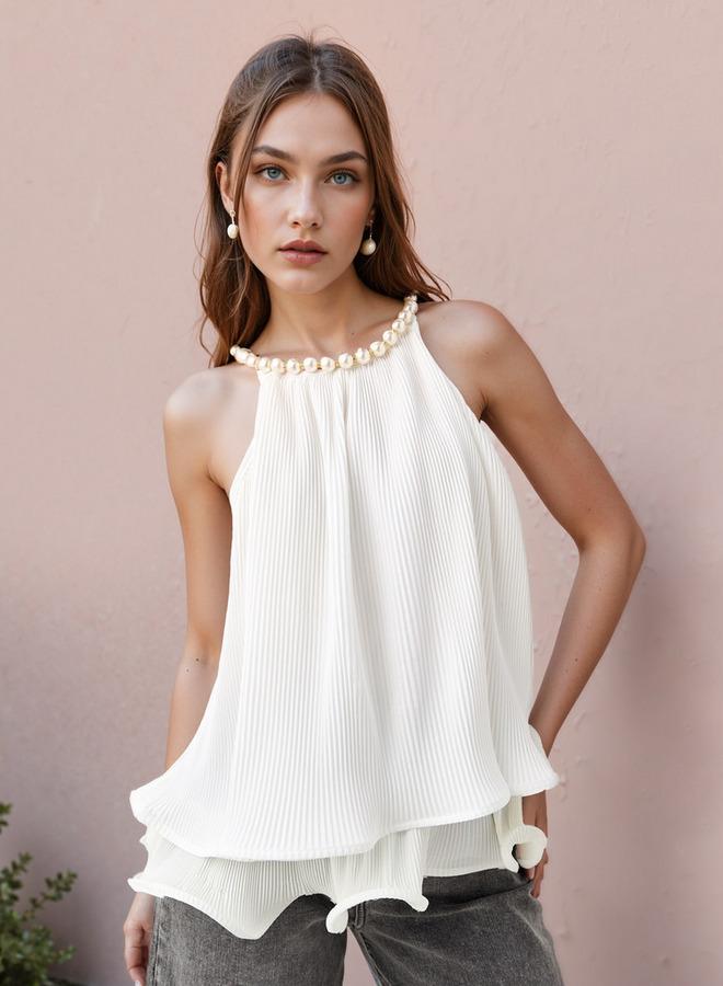 تواكستريمز بلوزة بدون أكمام بياقة هالتر مزينة باللؤلؤ - Image 1