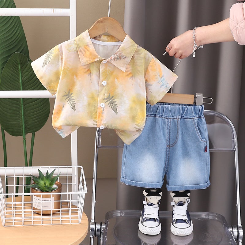 Boys' Summer Handsome Suit 2025 Children'S Baby Fashion Full Print Leaf Shirt Two-Piece Fashionable Set - Image 1
