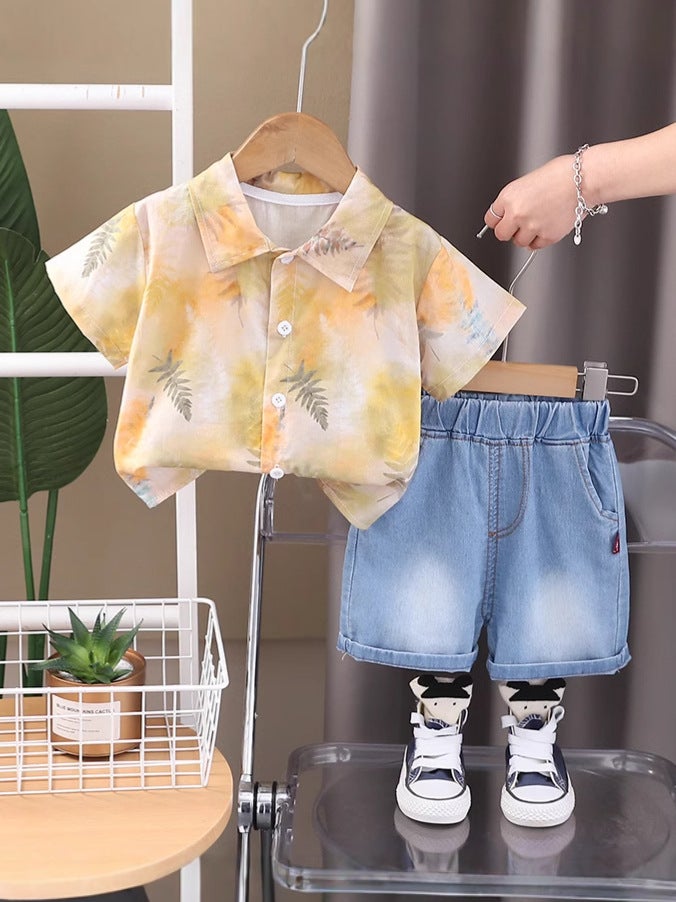 Boys' Summer Handsome Suit 2025 Children'S Baby Fashion Full Print Leaf Shirt Two-Piece Fashionable Set - Image 3