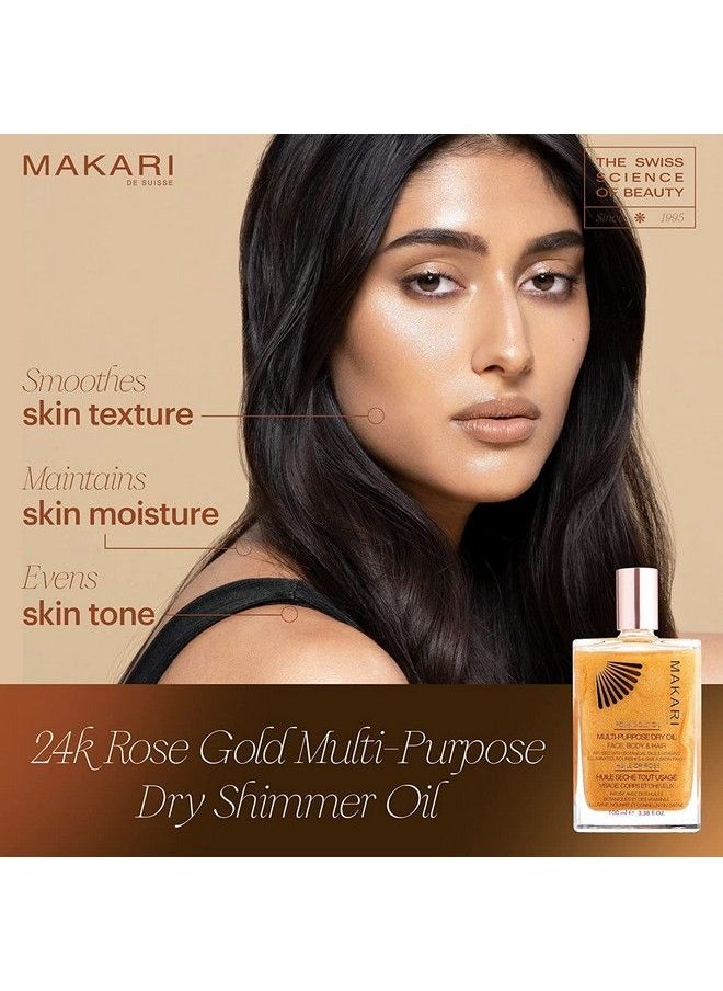 Makari - 24K Rose Gold Multipurpose Dry Shimmer Oil (3.38 Fl Oz) ; Body Shimmer Oil For Face Hair And Body ; Shimmer Body Oil With Real Gold Flakes ; Luxurious Dry Body Oil And Shimmering Body Oil - Image 1