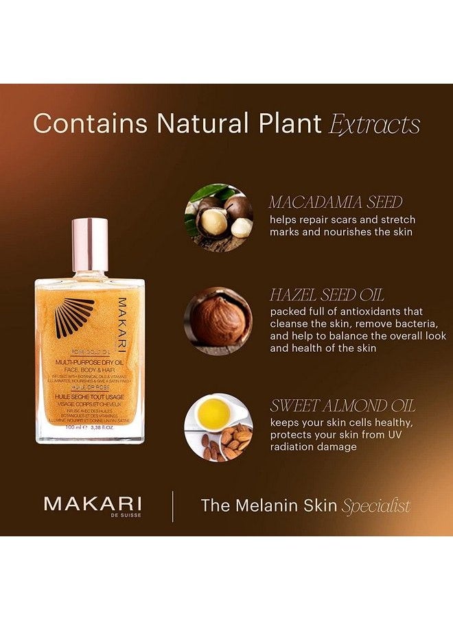 Makari - 24K Rose Gold Multipurpose Dry Shimmer Oil (3.38 Fl Oz) ; Body Shimmer Oil For Face Hair And Body ; Shimmer Body Oil With Real Gold Flakes ; Luxurious Dry Body Oil And Shimmering Body Oil - Image 1