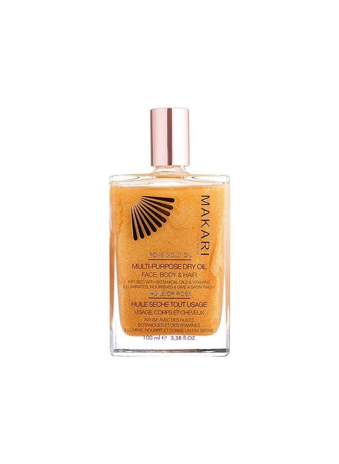 Makari - 24K Rose Gold Multipurpose Dry Shimmer Oil (3.38 Fl Oz) ; Body Shimmer Oil For Face Hair And Body ; Shimmer Body Oil With Real Gold Flakes ; Luxurious Dry Body Oil And Shimmering Body Oil - Image 1