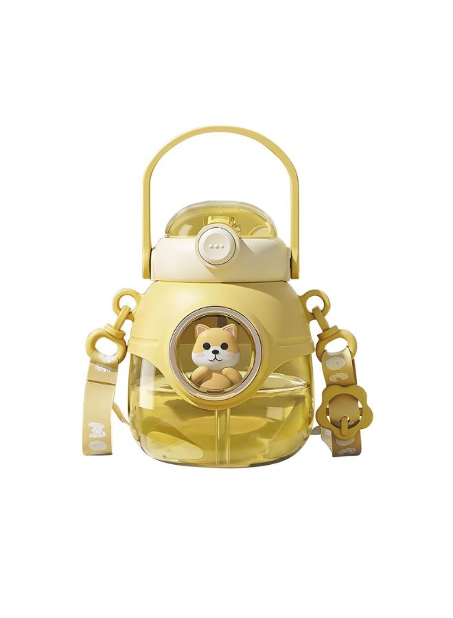 زجاجة مياه مع ماصة، زجاجات مياه كاواي سعة 37 أونصة مع حزام قابل للتعديل للنساء، هدايا مدرسية للمراهقات، زجاجات مياه لطيفة بتصاميم حيوانات - كلب أصفر - Image 1