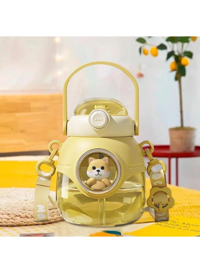 زجاجة مياه مع ماصة، زجاجات مياه كاواي سعة 37 أونصة مع حزام قابل للتعديل للنساء، هدايا مدرسية للمراهقات، زجاجات مياه لطيفة بتصاميم حيوانات - كلب أصفر - Image 5