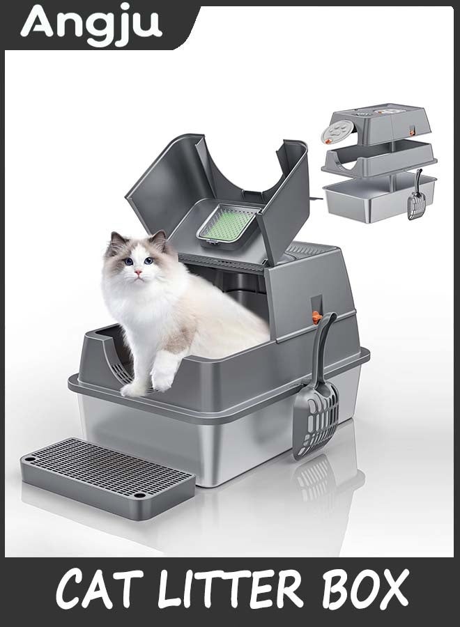 Angju Stainless Steel Cat Litter Box with Lid, Flip-Top Extra Large Cat Litter Pan, Enclosed Metal Litter Box with Litter Scoop & Filter Pedal, Anti-Leakage, Odor Free, Front & Top Dual Entry - Image 1