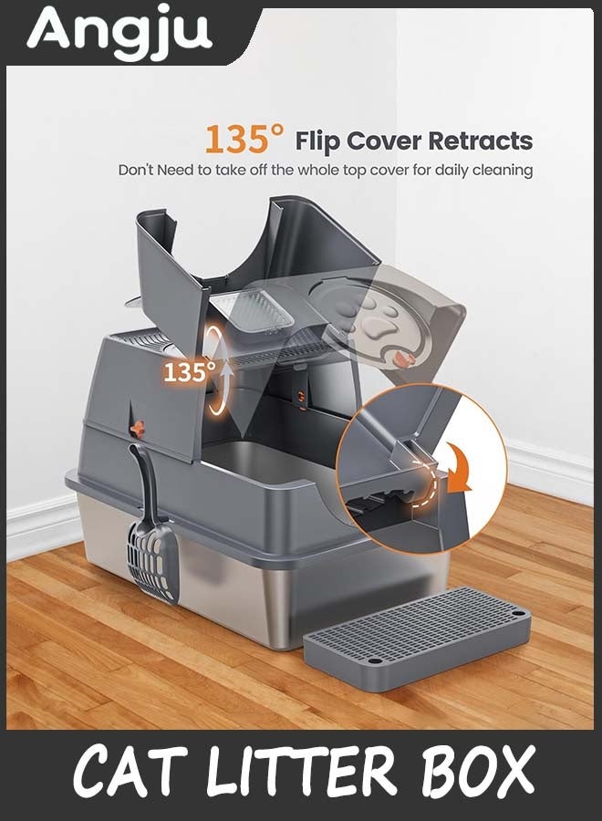 Angju Stainless Steel Cat Litter Box with Lid, Flip-Top Extra Large Cat Litter Pan, Enclosed Metal Litter Box with Litter Scoop & Filter Pedal, Anti-Leakage, Odor Free, Front & Top Dual Entry - Image 4