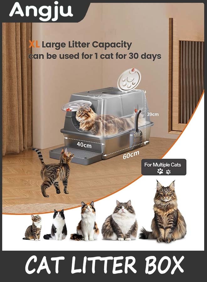 Angju Stainless Steel Cat Litter Box with Lid, Flip-Top Extra Large Cat Litter Pan, Enclosed Metal Litter Box with Litter Scoop & Filter Pedal, Anti-Leakage, Odor Free, Front & Top Dual Entry - Image 2