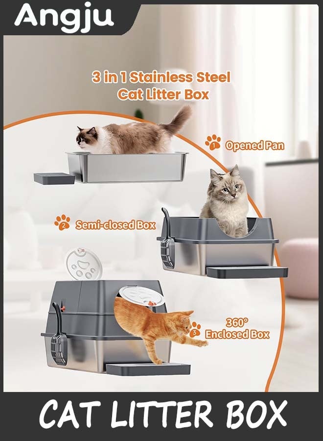 Angju Stainless Steel Cat Litter Box with Lid, Flip-Top Extra Large Cat Litter Pan, Enclosed Metal Litter Box with Litter Scoop & Filter Pedal, Anti-Leakage, Odor Free, Front & Top Dual Entry - Image 3