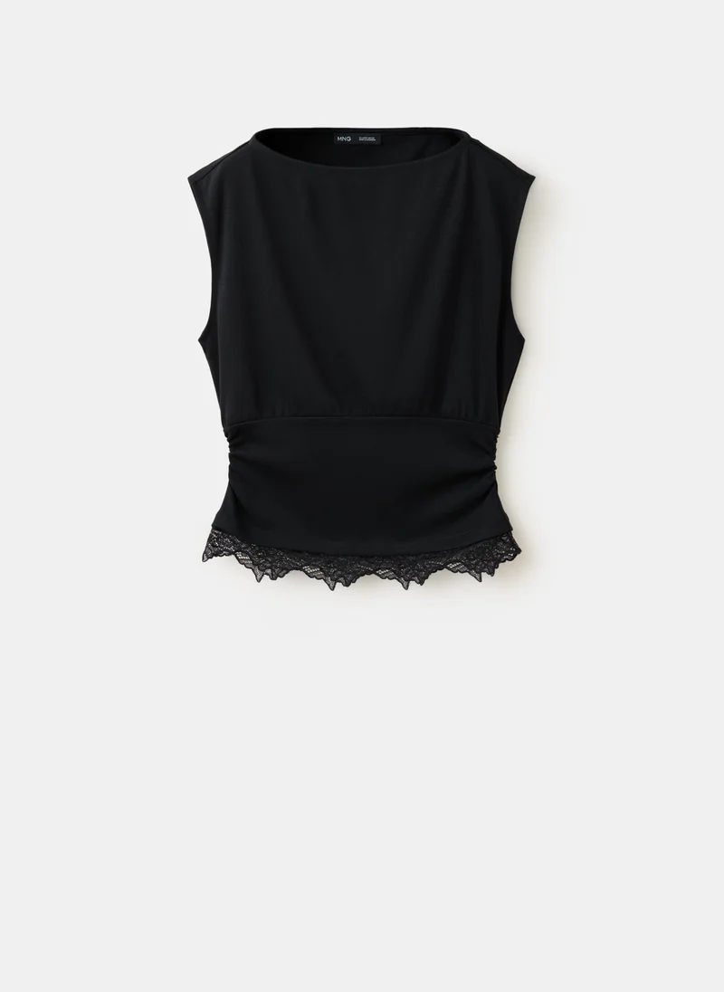 Mango 99-NEGRO Ruched Lace Top for Women | Best Price UAE