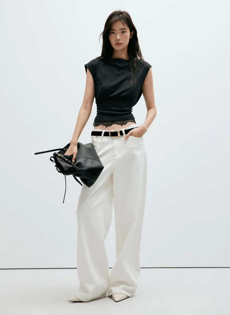 Mango 99-NEGRO Ruched Lace Top for Women | Best Price UAE