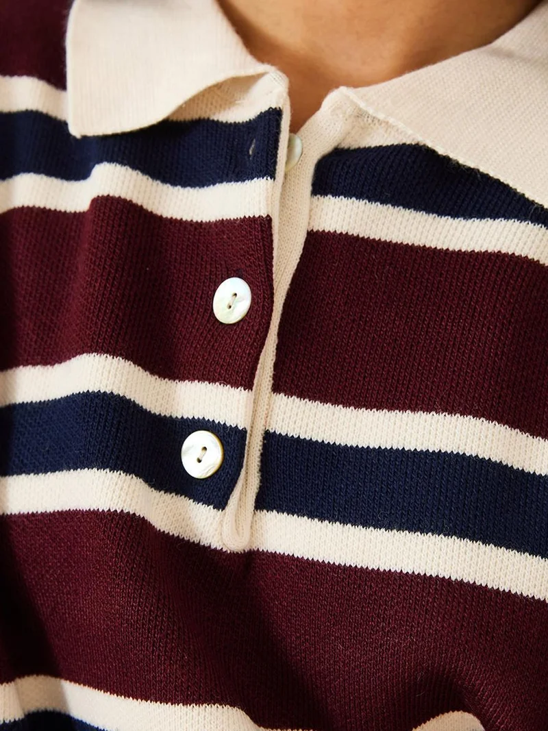Bianco Lucci LUCCI Striped Polo Collar Knit Sweater