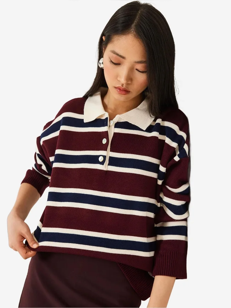 Bianco Lucci LUCCI Striped Polo Collar Knit Sweater