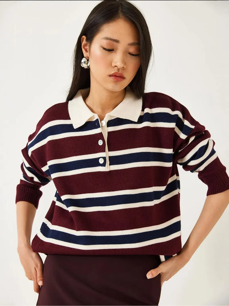 Bianco Lucci LUCCI Striped Polo Collar Knit Sweater