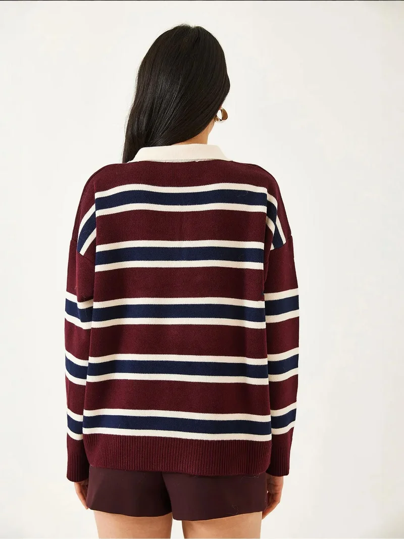 Bianco Lucci Multicolor LUCCI Striped Polo Collar Knit Sweater for Women | Best Price UAE