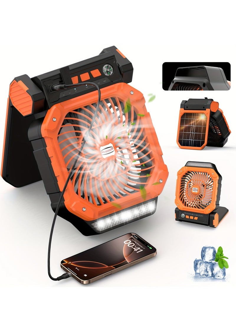 2 In 1 Rechargeable Camping Fan Portable Tent Fan Solar Powered Outdoor Standing Fan Powered Hiking Hanging Light Fans With Led Light Lantern 4 Adjustable Speed 90 Oscillating Solar Panels