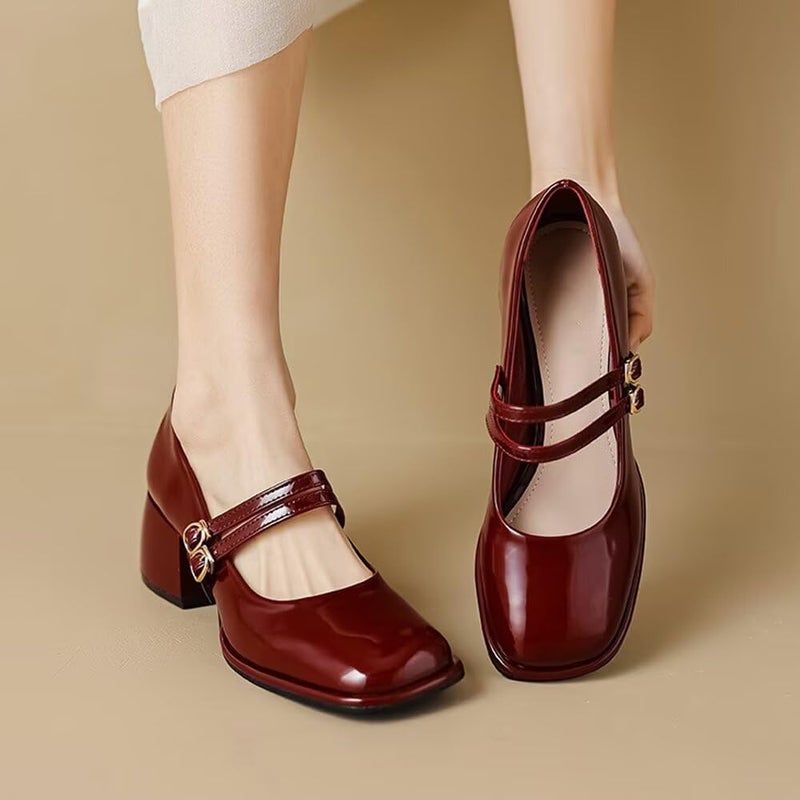 Stunner Women's Chunky Low Block Heels Dress Pumps Comfortable Closed Square Toe Mary Jane Pumps Wine Red 40(8) 2 - Image 5