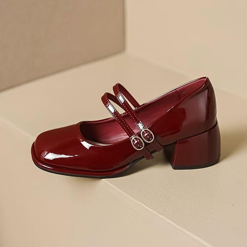 Stunner Women's Chunky Low Block Heels Dress Pumps Comfortable Closed Square Toe Mary Jane Pumps Wine Red 40(8) 2 - Image 3