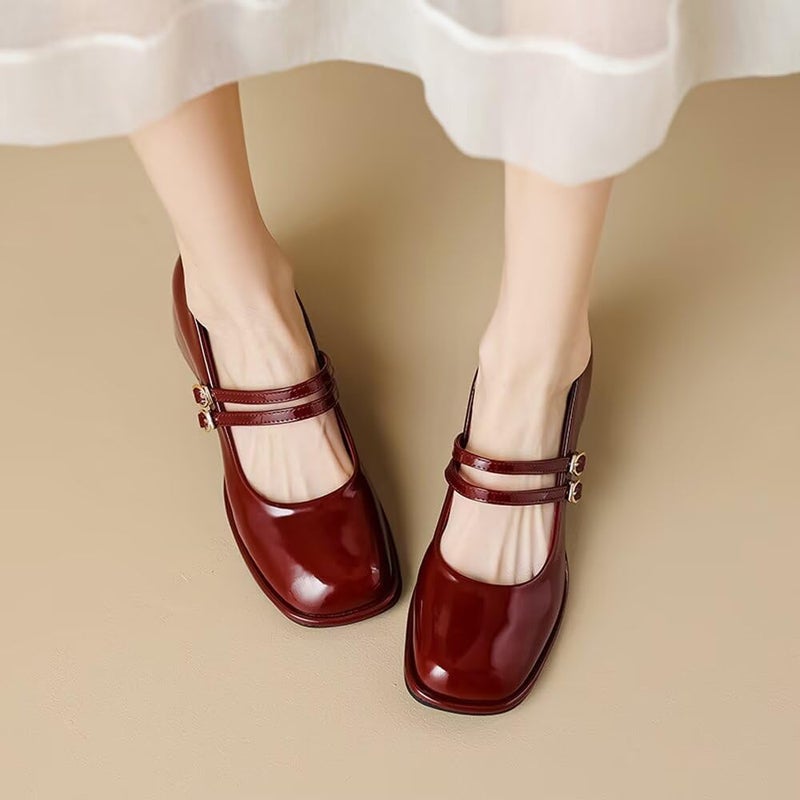 Stunner Women's Chunky Low Block Heels Dress Pumps Comfortable Closed Square Toe Mary Jane Pumps Wine Red 40(8) 2 - Image 4