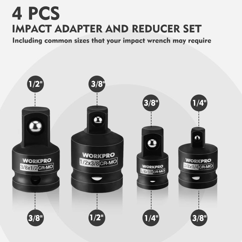 WORKPRO 4-Piece Impact Socket Adapter and Reducer Set, 1/4", 3/8", 1/2" Drive Socket Adapter Set, Impact Driver and Wrench Conversion Kit, Socket Reducer, Premium CR-MO Steel Made - Image 3