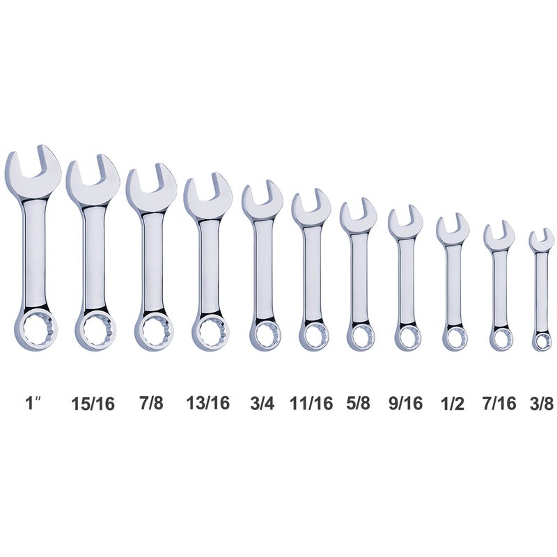 EFFICERE Premium Stubby Combination Wrench Set with Roll-up Pouch, 11-Piece, SAE, 3/8â€ to 1â€, No Skipped Inch Size | Cr-V Steel, Mirror Polished Finish | Short Length and Slim Body, Perfect for Confined Areas - Image 3
