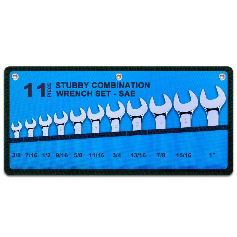 EFFICERE Premium Stubby Combination Wrench Set with Roll-up Pouch, 11-Piece, SAE, 3/8â€ to 1â€, No Skipped Inch Size | Cr-V Steel, Mirror Polished Finish | Short Length and Slim Body, Perfect for Confined Areas - Image 2