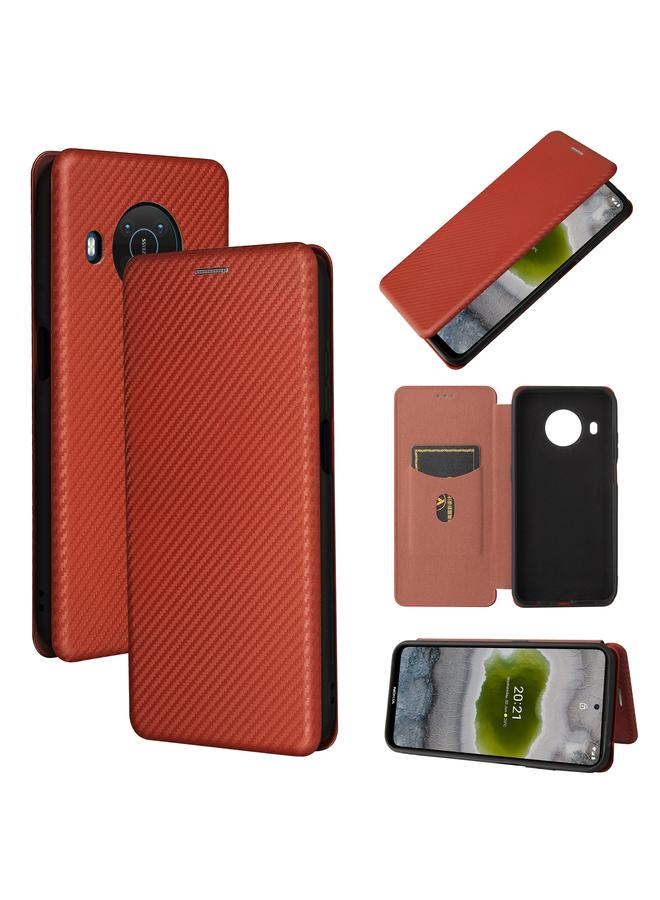 اس-توب جراب لهاتف Nokia X10 مصنوع من ألياف الكربون بتصميم أفقي قابل للطي مصنوع من مادة TPU + PC + جلد PU مع فتحة للبطاقات - Image 1