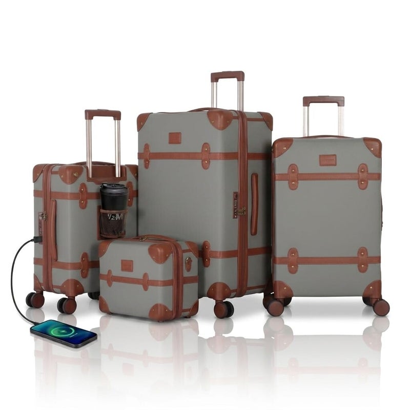 أفياتور طقم حقائب سفر بتصميم كلاسيكي فاخر مغطى بالجلد – مكون من 4 قطع – مزود بمدخل USB وType-C – بالإضافة إلى 3 أغطية حماية شفافة - Image 1