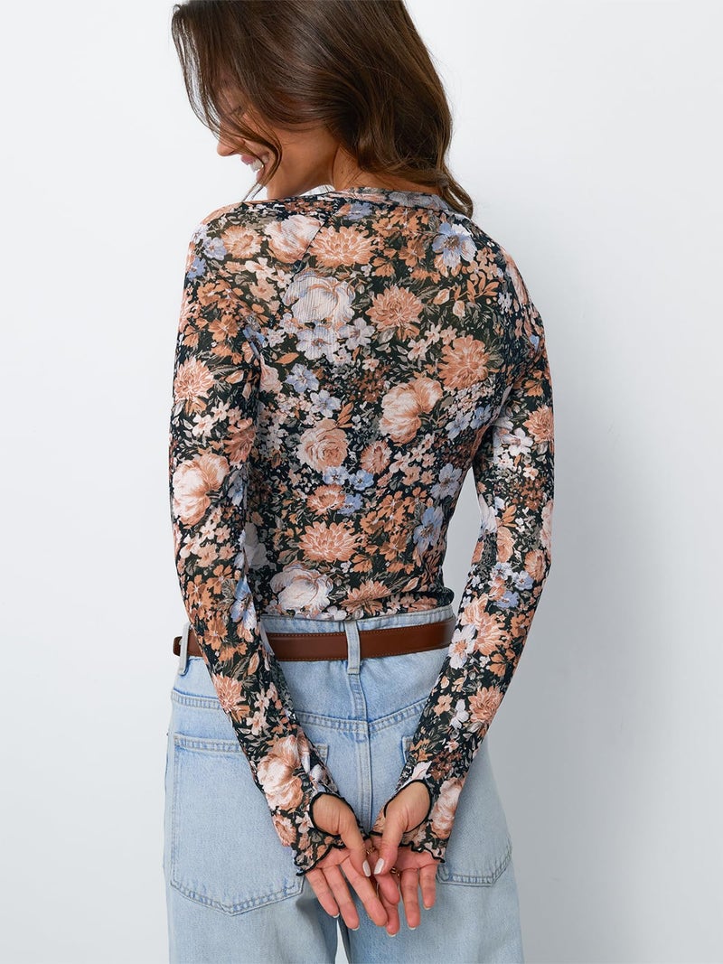 Dealmore Womens Mesh Sheer Lace Going Out Slim Fitted See Through Tops Spring Fashion Clothes 2026 Outfits Floral Fierce L - Image 4