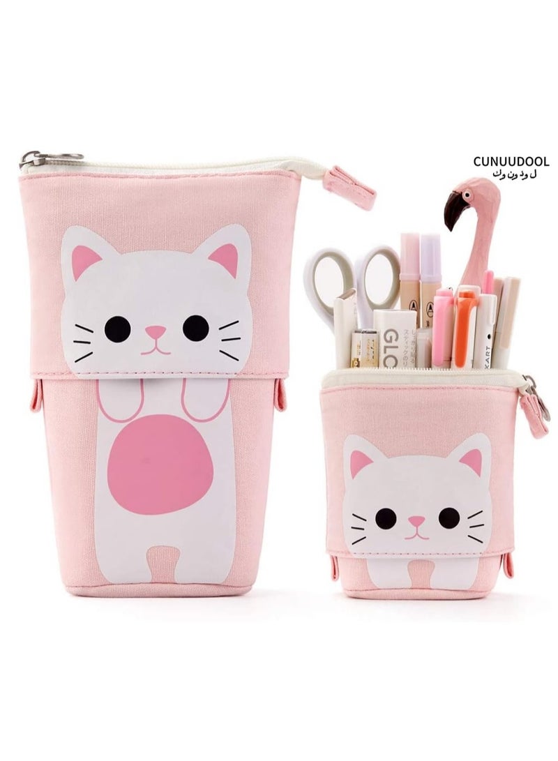 CUNUUDOOL Pencil Pouch For Girls,Pencil Pouch For School. Cute Cat Pattern Design with Large Capacity Pull-Down Retractable, Pencil Case Bag Pink. - Image 1