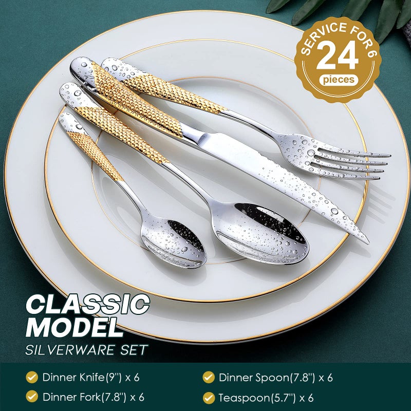 OGORI Hammered Silver Gold Silverware Set, OGORI 24-Piece 18/10 Stainless Steel Flatware Set, Service of 6 - Image 2
