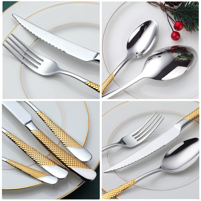 OGORI Hammered Silver Gold Silverware Set, OGORI 24-Piece 18/10 Stainless Steel Flatware Set, Service of 6 - Image 5