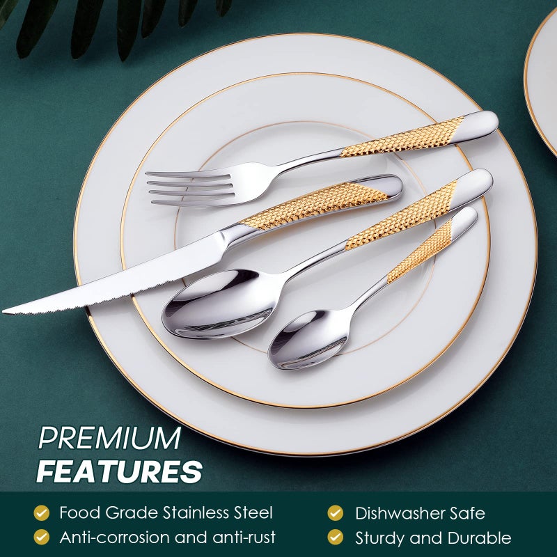 OGORI Hammered Silver Gold Silverware Set, OGORI 24-Piece 18/10 Stainless Steel Flatware Set, Service of 6 - Image 4
