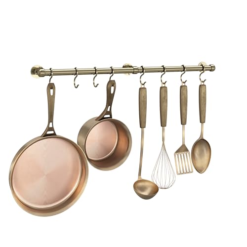 ROTHLEY Stainless Steel Hanging Pot Rack Hanger 237 Inch Pot and Pan Hanger Wall Mounted Hanging Pot Bar Rack Heavy Duty Pot Hangers Kitchen Rail with 8 S Hooks Antique Brass - Image 1