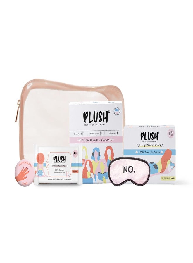 Plush Period Mood Combo with Sanitary for Women (14 Pads) + 20 Panty Liners + 20 Intimate Wipes & Eye Mask Merchandise | 100% Pure U.S. Cotton Senitary Napkin/Pad Vegan & For Normal-Sensitive Skin - Image 1