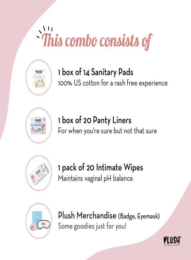 Plush Period Mood Combo with Sanitary for Women (14 Pads) + 20 Panty Liners + 20 Intimate Wipes & Eye Mask Merchandise | 100% Pure U.S. Cotton Senitary Napkin/Pad Vegan & For Normal-Sensitive Skin - Image 2