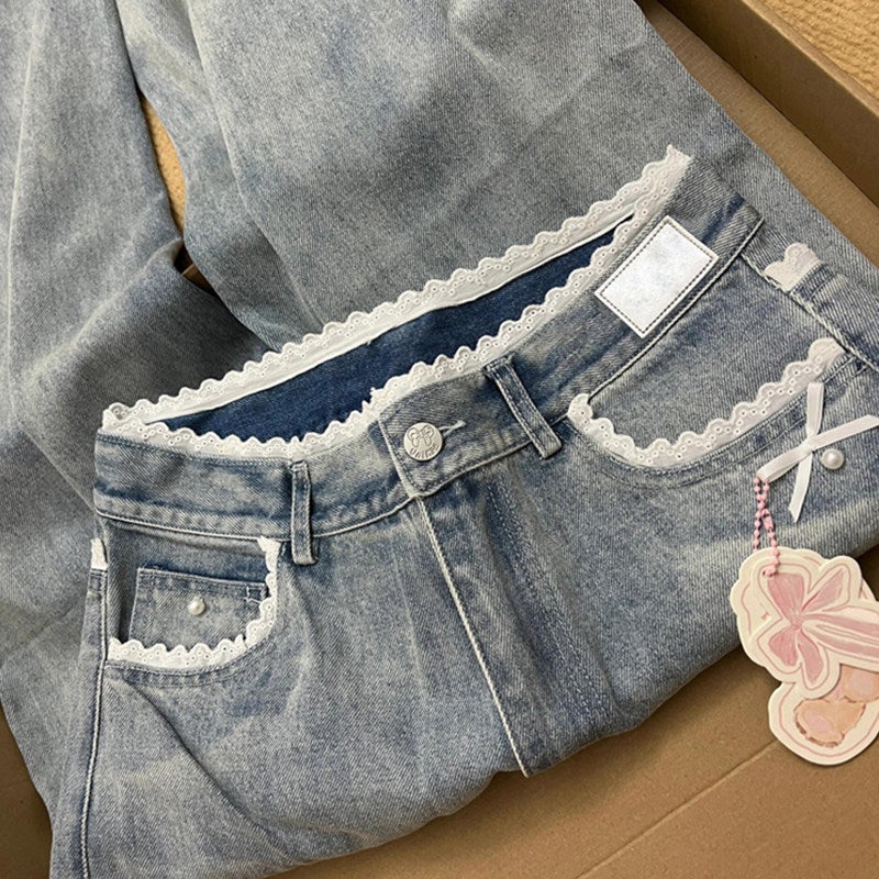 American high street lace bow wide-leg jeans women's autumn new high-waisted loose slimming straight pants - Image 2