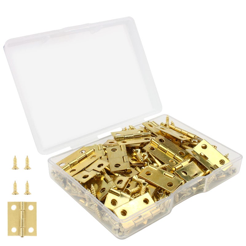 VIPMOON 50Pcs Small Hinges for Wooden Box 18 x 15mm Mini Gold With 200 Screws Retro Jewelry Box Folding Butt Hardware for DIY Crafts