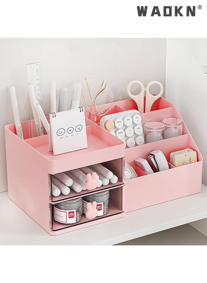 WAOKN Desk Organizer and Accessories with 2 Drawers and 6 Compartments, Plastic Makeup Organizer, Mini Pen Holder for Desktop Storage, Desk Organization for School, Home, Office Supplies(pink)  - Image 1
