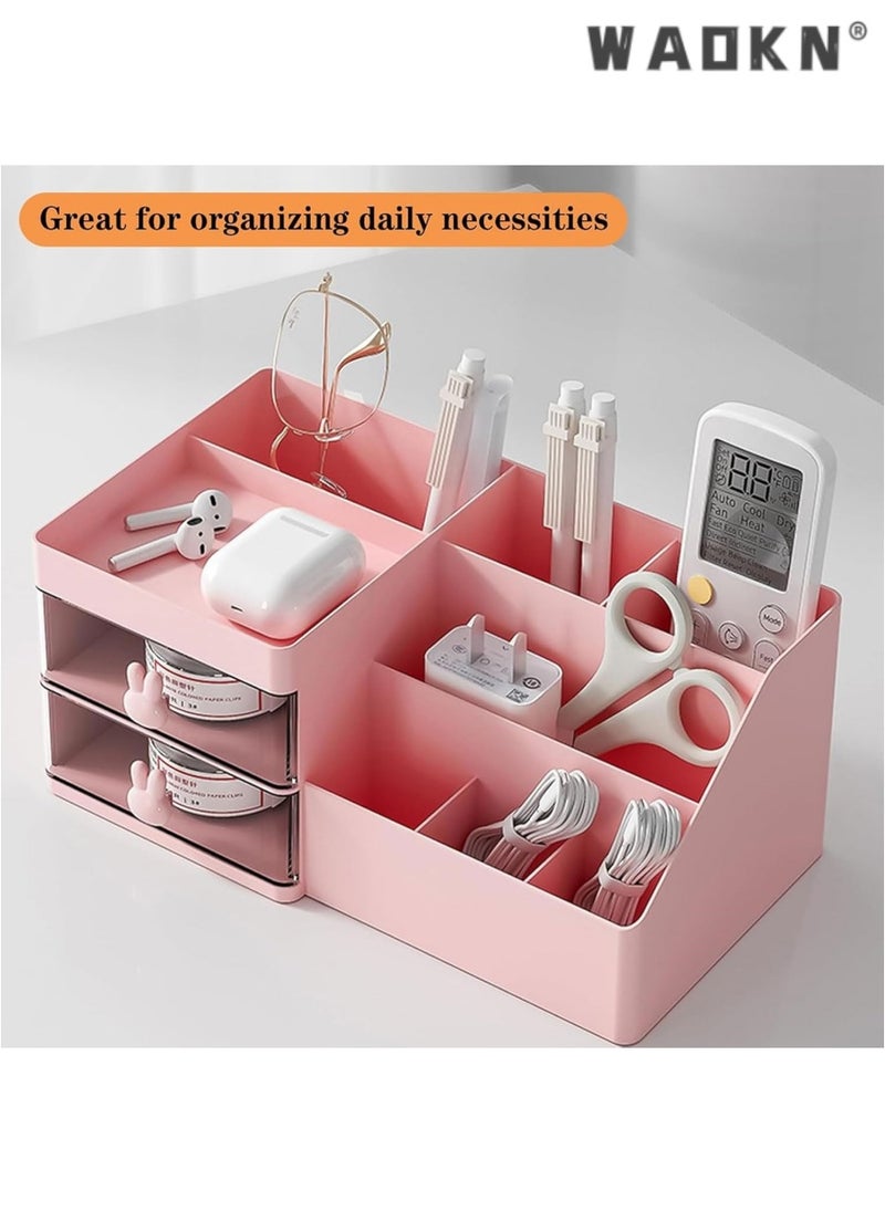 WAOKN Desk Organizer and Accessories with 2 Drawers and 6 Compartments, Plastic Makeup Organizer, Mini Pen Holder for Desktop Storage, Desk Organization for School, Home, Office Supplies(pink)  - Image 2
