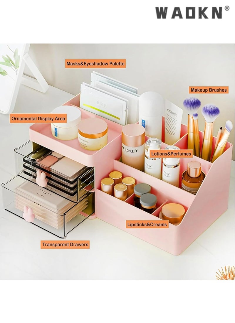 WAOKN Desk Organizer and Accessories with 2 Drawers and 6 Compartments, Plastic Makeup Organizer, Mini Pen Holder for Desktop Storage, Desk Organization for School, Home, Office Supplies(pink)  - Image 3