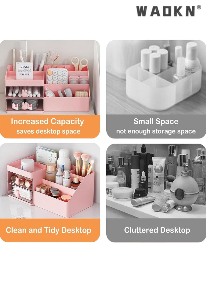 WAOKN Desk Organizer and Accessories with 2 Drawers and 6 Compartments, Plastic Makeup Organizer, Mini Pen Holder for Desktop Storage, Desk Organization for School, Home, Office Supplies(pink)  - Image 5