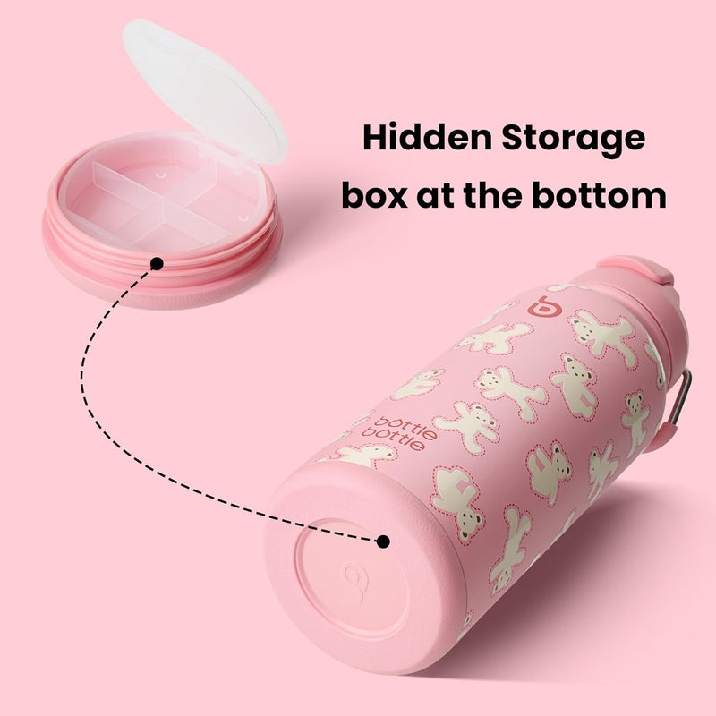 BOTTLE BOTTLE 32oz Insulated Water Bottle Stainless Steel Sport Water Bottle with Straw Dual-use Lid Design for Gym with Pill Box (Bear Cookies) - Image 2