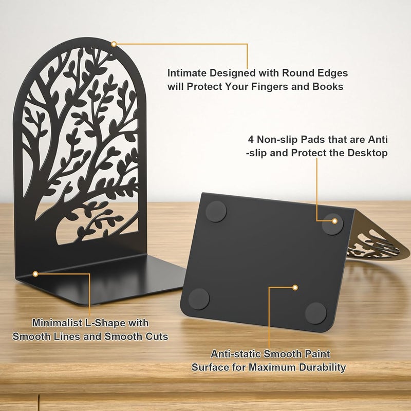 VFINE Bookends 3 Pairs, Decorative Book End, Bookends for Shelves, Book Ends for Shelves, Book Stopper Book Ends to Hold Books, Book Stopper, Unique Black Metal Tree Book Ends for Home School Office - Image 4
