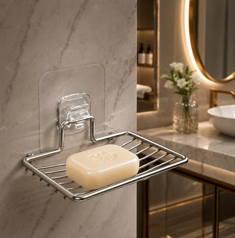 Dunekart Self Adhesive Soap Dish Holder, No Drill Wall Mount Stainless Steel Sponge Tray, Rustproof Bathroom Kitchen Shower Organizer Storage Rack - Silver - Image 2
