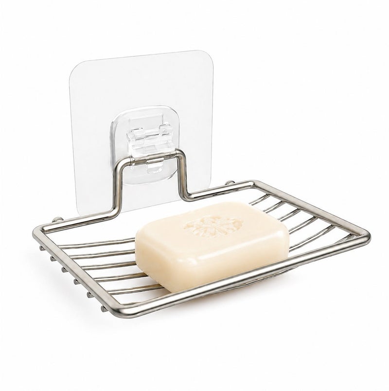 Dunekart Self Adhesive Soap Dish Holder, No Drill Wall Mount Stainless Steel Sponge Tray, Rustproof Bathroom Kitchen Shower Organizer Storage Rack - Silver - Image 1