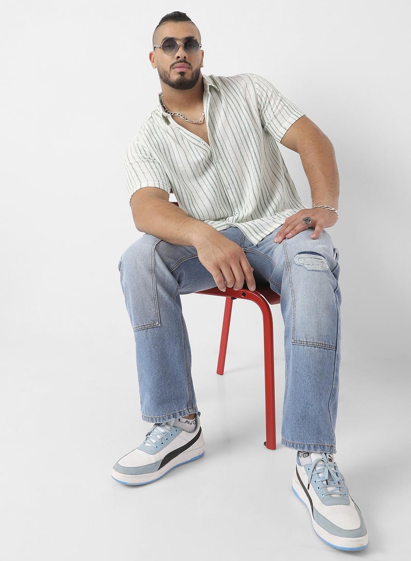 Instafab Plus Men's White & Green Unbalanced Striped Woven Shirt - Image 3