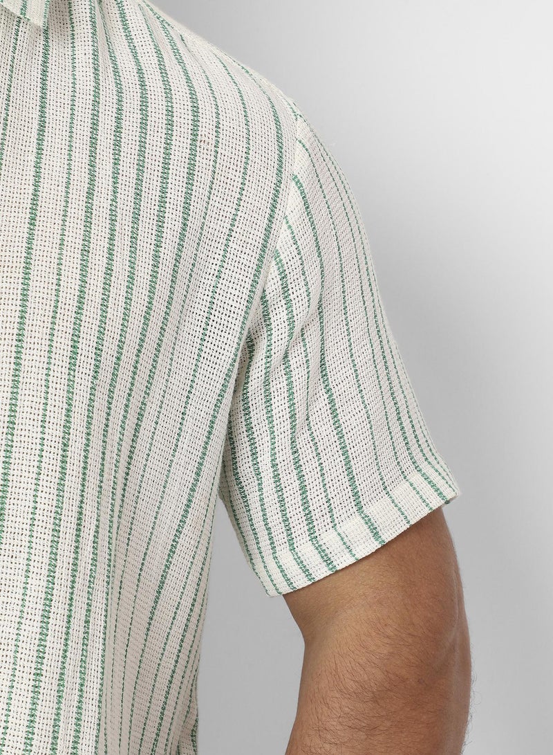 Instafab Plus Men's White & Green Unbalanced Striped Woven Shirt - Image 5